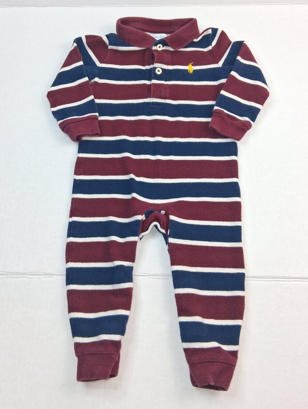 Ralph Lauren Burgundy Navy Blue Stripe Collared Bodysuit 9M